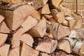 View of chopped firewood, logs stacked together in storage pile with copyspace. Closeup of wooden background and texture Royalty Free Stock Photo