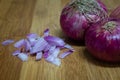 View of chopped red onions in a wooden board Royalty Free Stock Photo