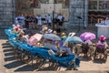 View on the Christian disabled pilgrims during the divine service in the Sanctuary of Our Lady of Lourdes