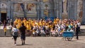 View on the Christian pilgrims during the photo session in the Sanctuary of Our Lady of Lourdes