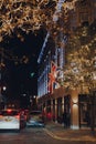 View through Christmas decor of Union Jack outside the Mercer Street hotel in Seven Dials, London, UK