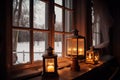 view of christmas lanterns glowing in window of peaceful cottage Royalty Free Stock Photo