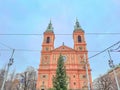 View of a Christmas tree and the Church of Our Lady on the Andel in Prague, Royalty Free Stock Photo