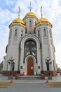 View of The Church of All Saints  in Mamayev Hill War Memorial in Volgograd. Russian orthodox theme Royalty Free Stock Photo