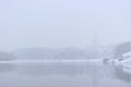 View of the Church of the Ascension from the Moskva River in the Kolomenskoye estate during a snowfall, Russia, Moscow Royalty Free Stock Photo