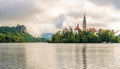 View at the Church of Assumption of St.Mary at the Island of Bled Lake with Bled Castle in background in Slovenia