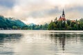 View at the Church of Assumption of St.Mary at the Island of Bled Lake in Slovenia