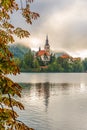 View at the Church of Assumption of St.Mary at the Island of Bled Lake in Slovenia