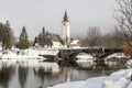 View on the church and bridge of lake Bohinj