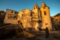 View of the church of Camogli at sunset , Genoa Genova Province, Liguria, Mediterranean coast, Italy