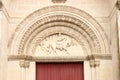 View of the church carving above the door in Gorron Royalty Free Stock Photo