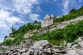 View of the church at Hojerup on top of the white chalkstone cliffs of Stevns Klint Royalty Free Stock Photo