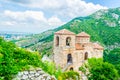 View of the Church of the Holy Mother of God inside of the Asen's Fortress in Rhodopes mountain, Asenovgrad Royalty Free Stock Photo