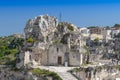 View of the church of Madonna de Idris Chiesa Rupestre di Santa Maria di Idris in the rock. Cave church in Sassi old town.