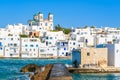 View of church in Naoussa port, Paros island, Greece Royalty Free Stock Photo