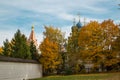 View of the Church of our lady of Kazan in autumn through the yellow trees in the Museum-reserve Kolomenskoye. Moscow sights Royalty Free Stock Photo