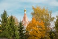 View of the Church of our lady of Kazan in autumn through the yellow trees in the Museum-reserve Kolomenskoye. Moscow sights Royalty Free Stock Photo