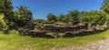 A view of a church ruin in Saint Pierre caused by the 1902 eruption of the volcano, Mount Pelee in Martinique