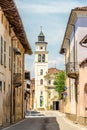 View at the Church of Saint Fredo in the streets of Cherasco - Italy Royalty Free Stock Photo