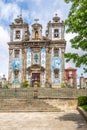 View at the church of Saint Ildefonso with azulejo decorated facade in Porto - Portugal