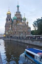 View of the Church of the Savior on Spilled Blood from the Griboyedov Canal in the center of St. Petersburg