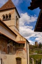 View from church St. Peter with romanesque frescoes to Tyrol Castle, Dorf Tirol, South Tyrol, Italy