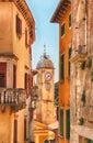 View of church tower in in the old town Labin in Istria, Croatia. Royalty Free Stock Photo