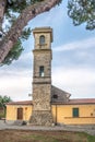 View at the Citadella place with bell tower in Sarzana, Italy