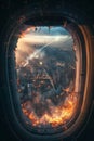 A view of a city from an airplane window with a fire in the background Royalty Free Stock Photo