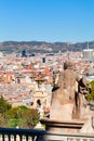 View of the city Barcelona from mountain Montjuic with a statue in the foreground. Royalty Free Stock Photo