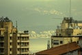 View of the city of Beirut and rays of the sun through the gloomy sky . Beirut, Lebanon