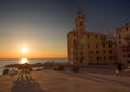 View of city of Camogli at sunset , Genoa Genova Province, Liguria, Mediterranean coast, Italy