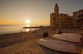 View of city of Camogli at sunset , Genoa Genova Province, Liguria, Mediterranean coast, Italy Royalty Free Stock Photo