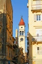 View of the city center with the bell tower of the church of Agios Spiridion, Corfu, Greece Royalty Free Stock Photo