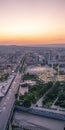 View of the city of Grozny from above from the Grozny City skyscraper complex at sunset. Vertical format.