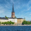 View from City Hall overlooking Riddarholmshamnen Island, with famous buildings and Riddarholmen Church tower, Stockholm