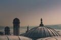 View of city Istanbul, Bosphorus bridge from Galata tower. Outer view of dome in Ottoman architecture. Royalty Free Stock Photo