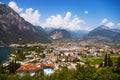 View of the city in Italy Riva del Garda from a height and the high mountains of the Alps, Lake Garda. Royalty Free Stock Photo