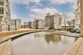 View of the city landscape and a small expanse of water