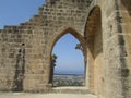 View of the city of Limassol through the arch of the castle of the Crusaders, northern Cyprus.