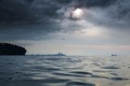 View of a city line from the sea with led cloudy sky background