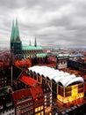 View of the city of Lubeck from above with St.Peters church. Royalty Free Stock Photo