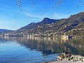 View of the city of Montreux Muchtern on the shores of Lake Geneva and at the foot of the Vaud Alps mountain massif, Switzerland Royalty Free Stock Photo