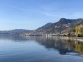 View of the city of Montreux Muchtern on the shores of Lake Geneva and at the foot of the Vaud Alps mountain massif, Switzerland Royalty Free Stock Photo