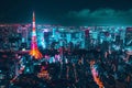 A View of a City at Night From a High Point of View, Aerial view of Tokyo\'s neon lit skyline at nighttime, AI Generated Royalty Free Stock Photo