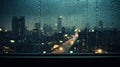 a view of a city at night through a rain covered window with raindrops on the window pane
