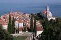 View of the city of Piran (Slovenia) with the historic city center and the Adriatic Sea in the background