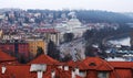View on the city of Prague from above. Red roofs, road Royalty Free Stock Photo