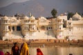 View of the City of Pushkar, Rajasthan, India. Houses reflected in the water. A beautiful lake.