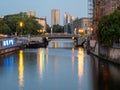 View of the city river at the cathedral in Berlin at sunset.